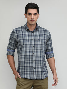 Navy Slim Fit Premuim Cotton Checks Shirt With Bone Collar & Pocket
