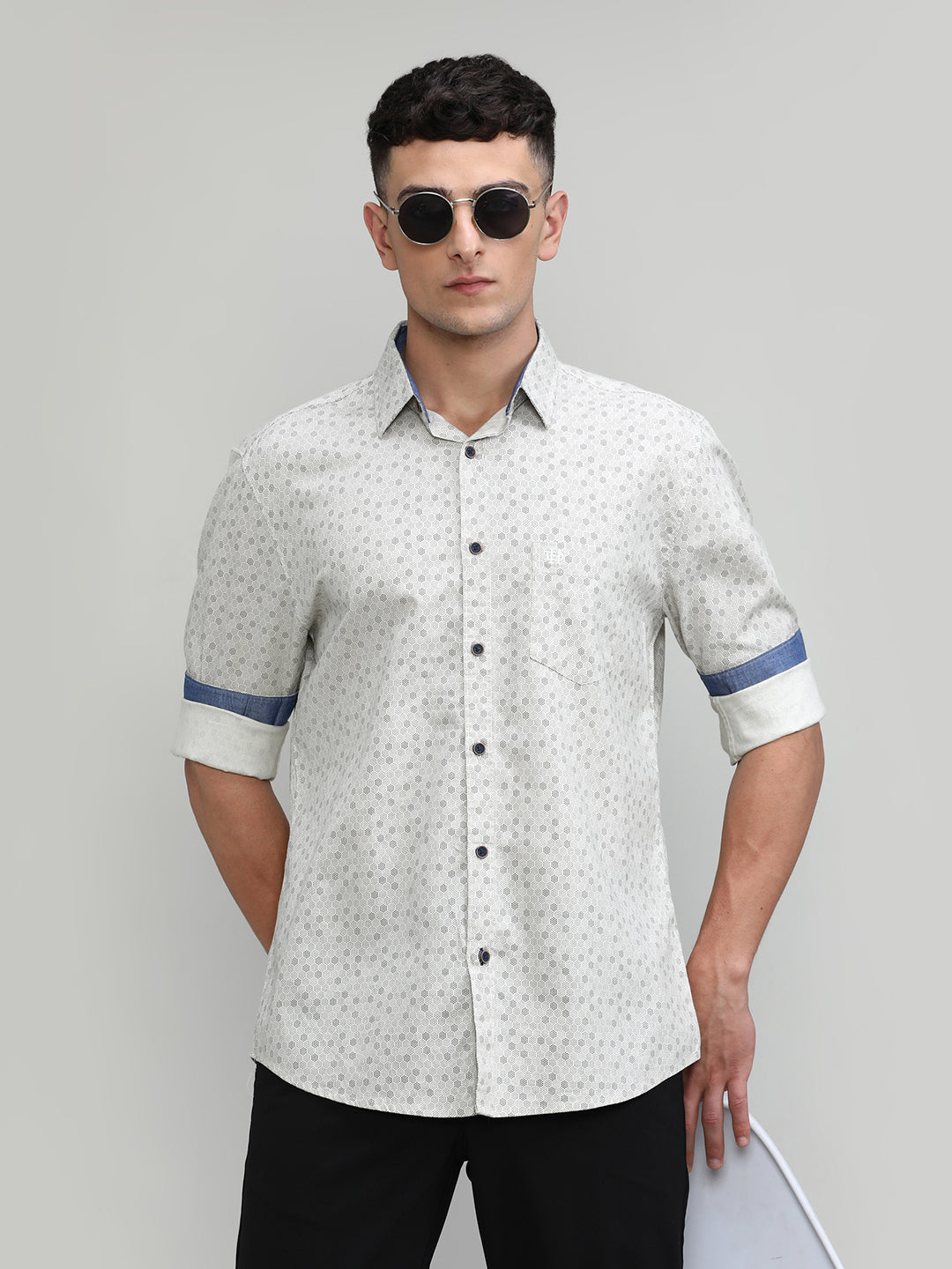 Beige Slim Fit Premium Cotton Printed Shirt With Pocket