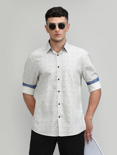 Beige Slim Fit Premium Cotton Printed Shirt With Pocket