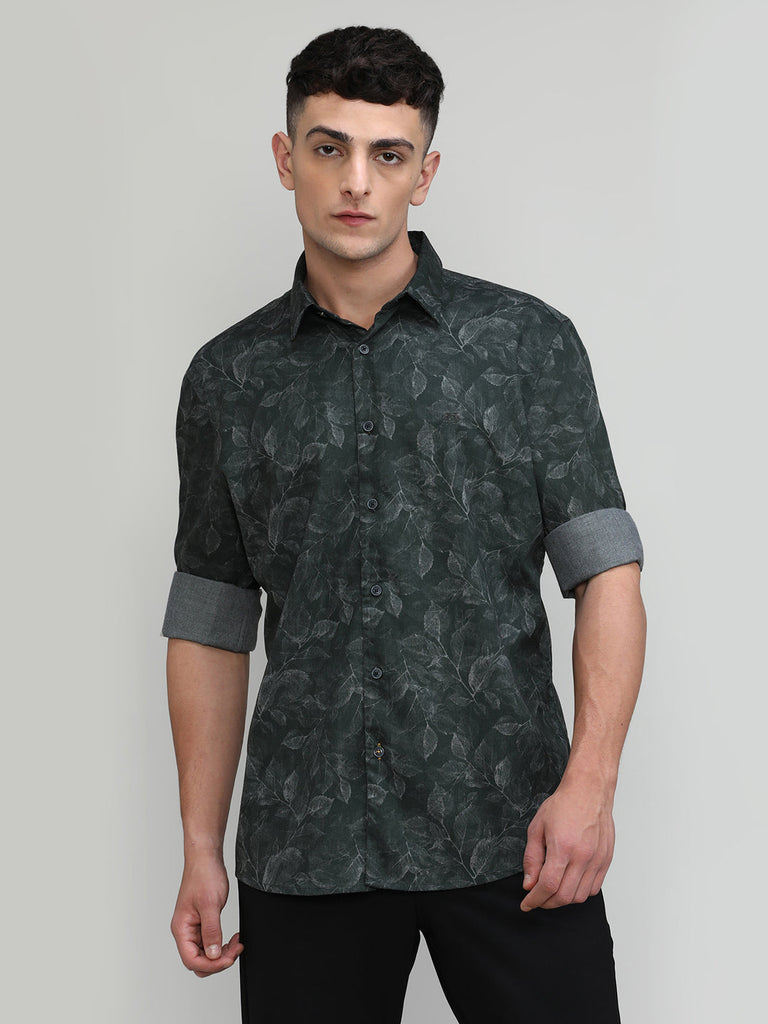 Bottle Green Slim Fit Premium Cotton Printed Shirt