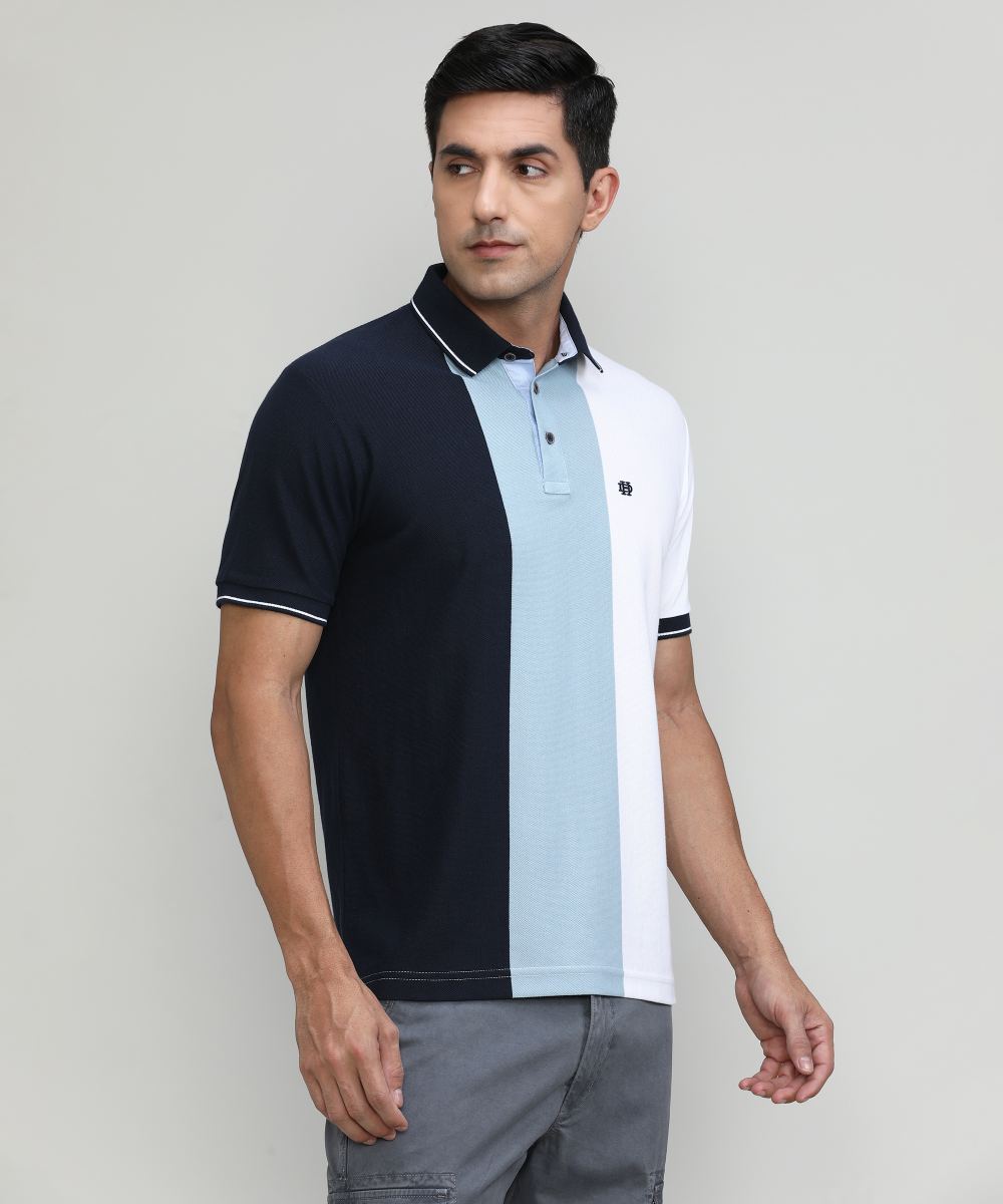 Sky Pique Cotton Lycra Stripes Polo T-shirt