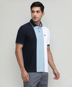 Sky Pique Cotton Lycra Stripes Polo T-shirt