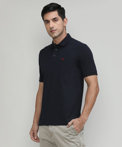 Navy Pique Cotton Lycra Solid Polo T-shirt