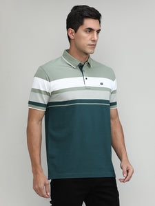 Olive Pique Cotton Lycra Stripes Polo T-shirt