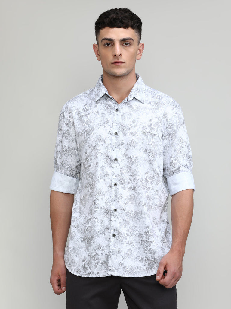 White Slim Fit Premium Cotton Printed Shirt