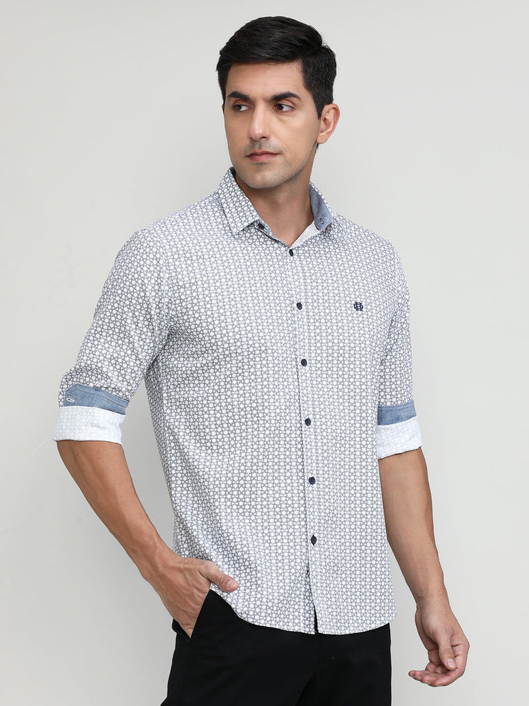 White Slim Fit Premium Cotton Printed Shirt