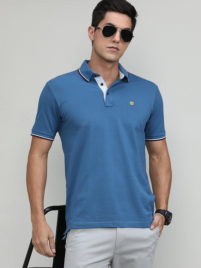 AF Blue Pique Cotton Lycra Solid Polo T-shirt