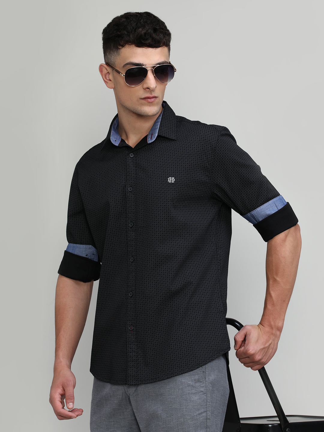 Black Slim Fit Premium Cotton Printed Shirt -SS25