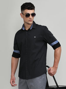 Black Slim Fit Premium Cotton Printed Shirt -SS25