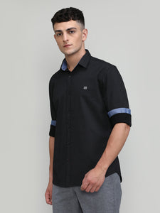 Black Slim Fit Premium Cotton Printed Shirt -SS25