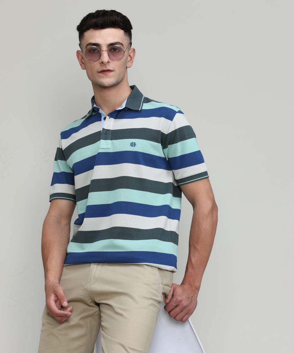 Fern Pique Cotton Lycra Stripes Polo T-shirt