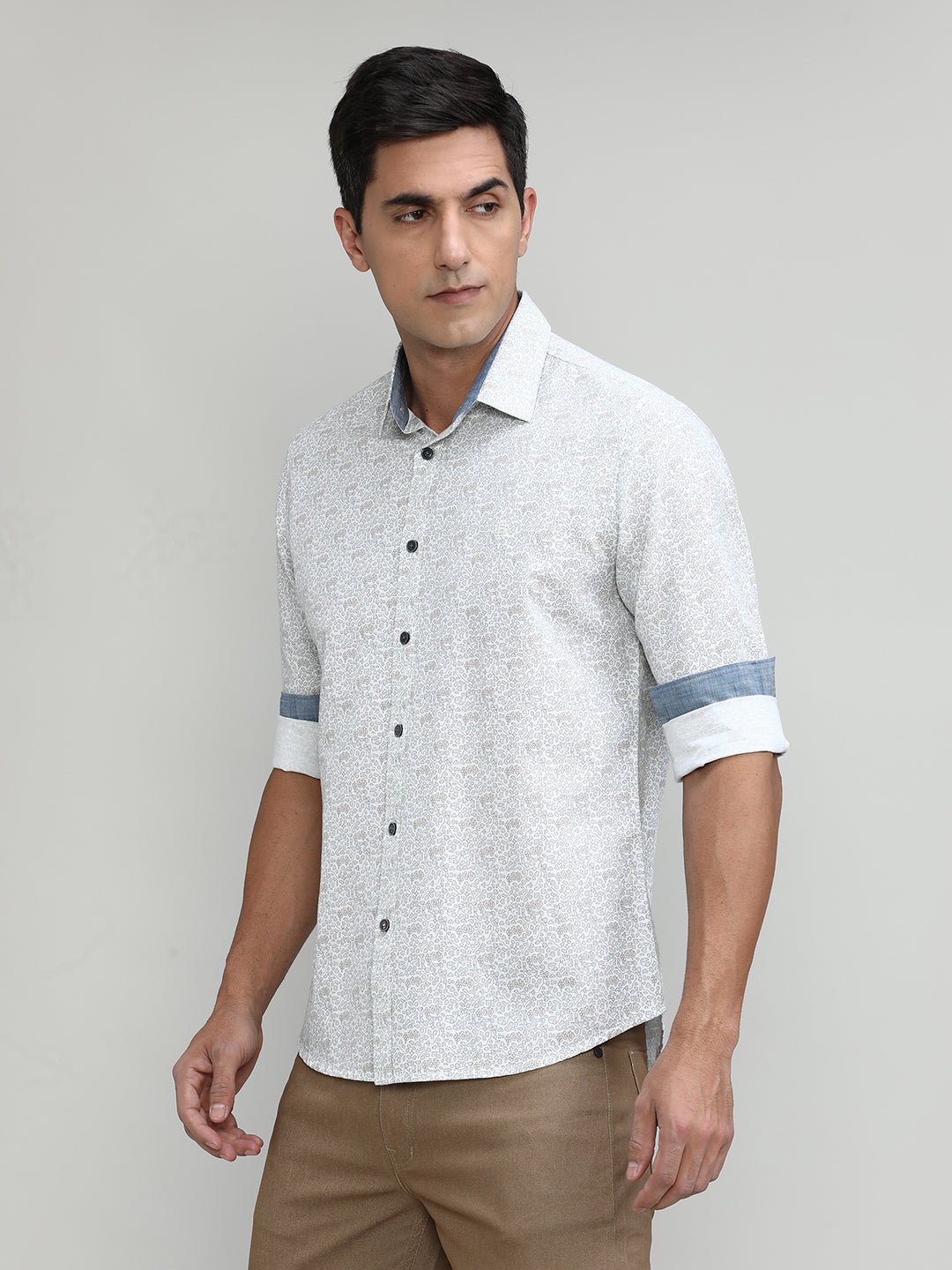 Light Grey Slim Fit Premuim Cotton Printed Shirt With Bone Collar