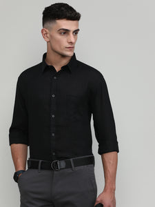 Black Slim Fit Premium Linen Solid Shirt-SS25