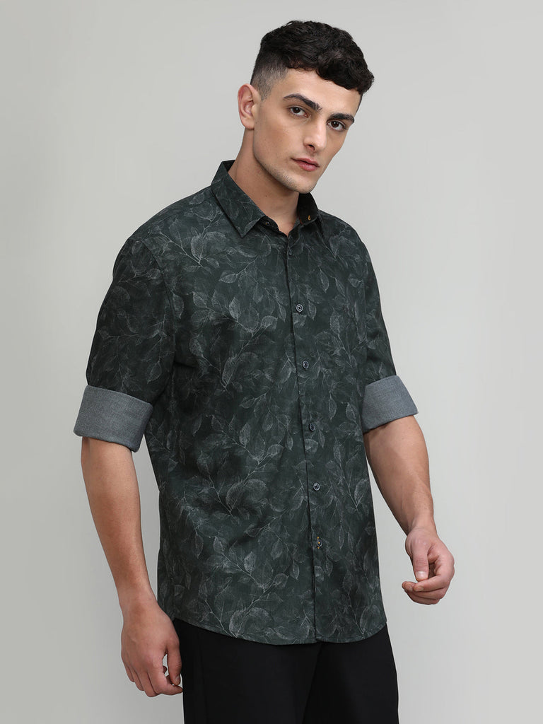 Bottle Green Slim Fit Premium Cotton Printed Shirt