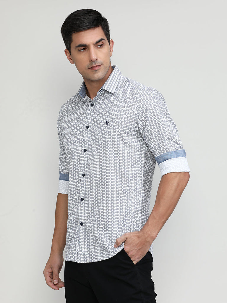 White Slim Fit Premium Cotton Printed Shirt