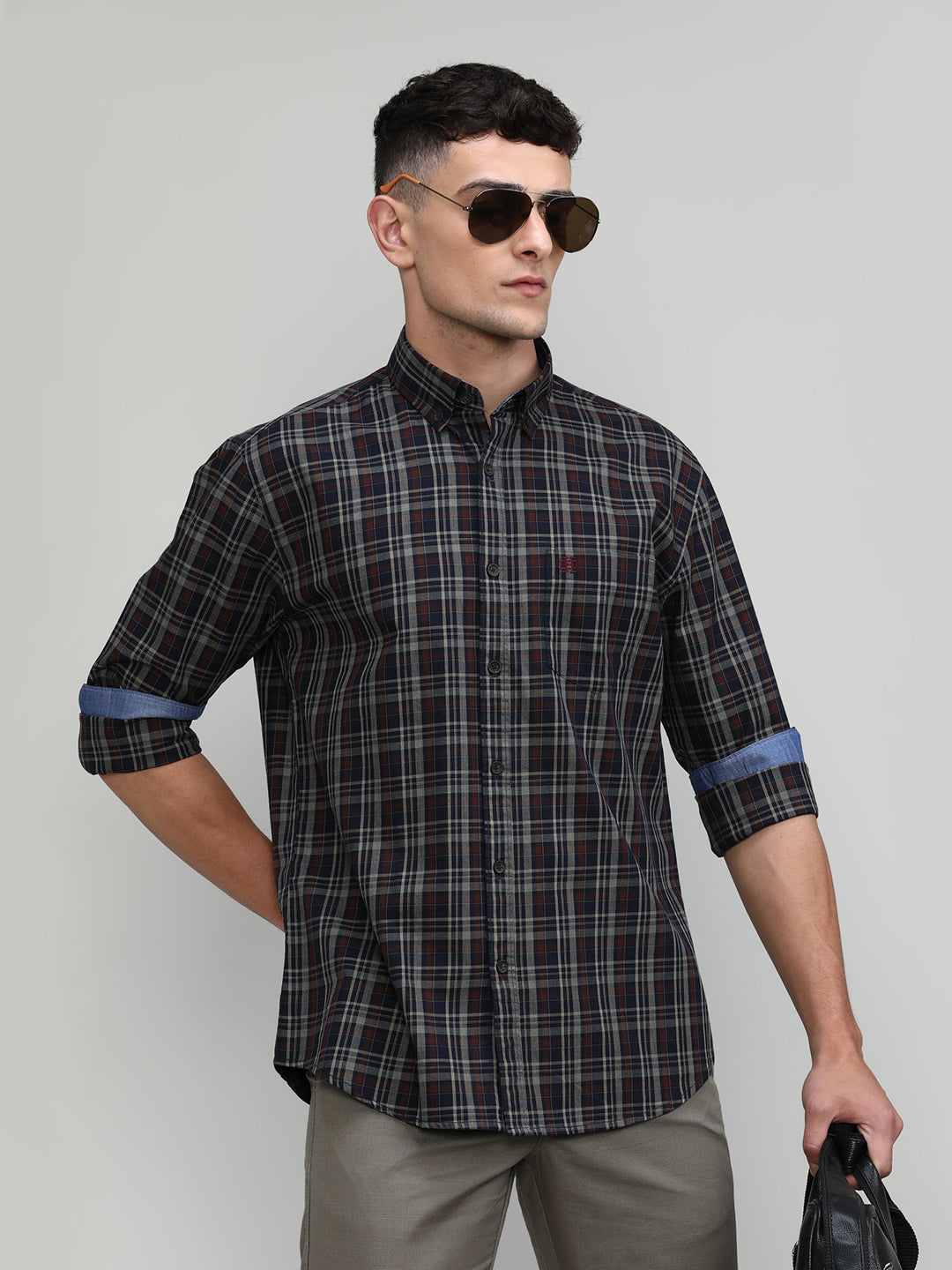 Navy Slim Fit Premuim Cotton Checks Shirt With Regular Pocket-SS25