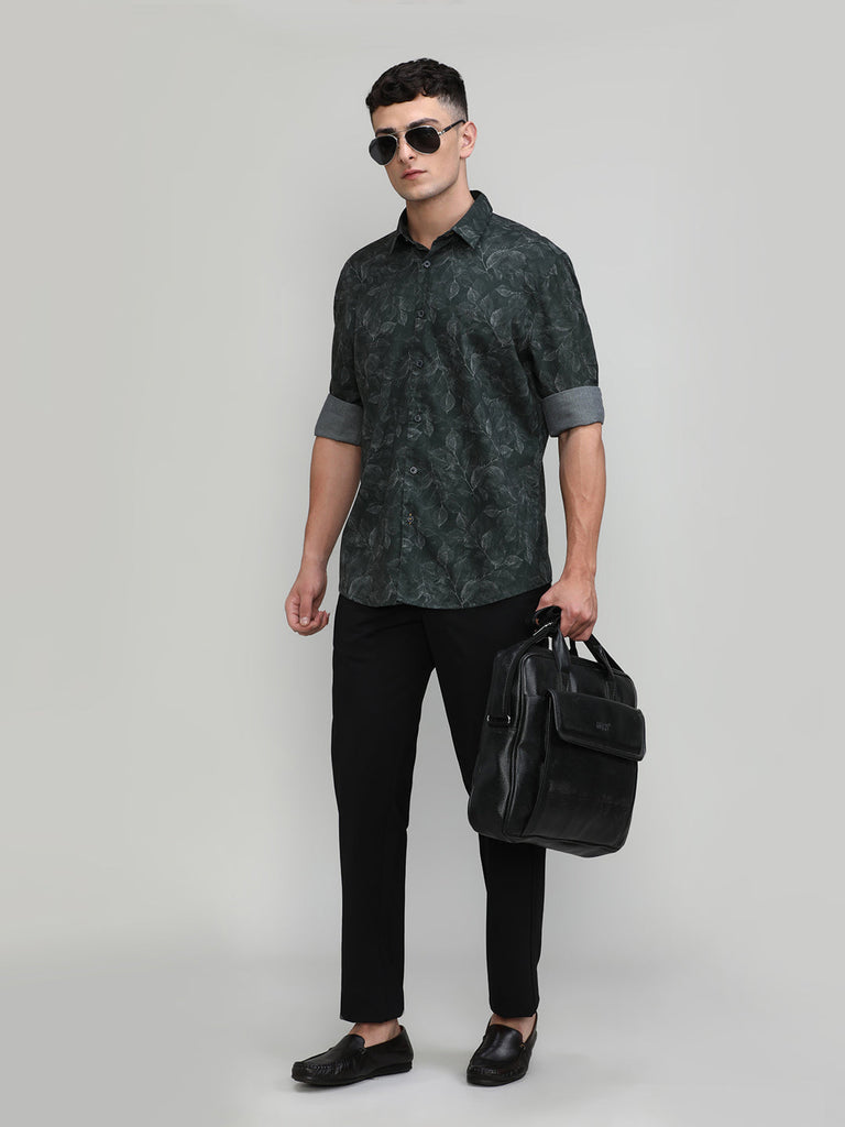 Bottle Green Slim Fit Premium Cotton Printed Shirt