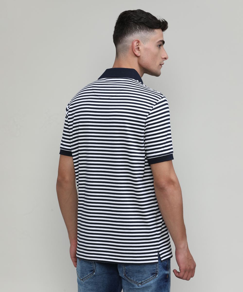 Deep Navy Jersey Cotton Lycra Stripes Polo T-shirt