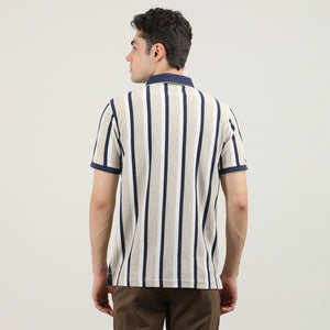 Fawn Pique Lycra Vertical Stripes Polo T-shirt With Contrast Collar