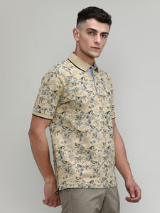 Desert Sand Pique Cotton Lycra Printed Polo T-shirt