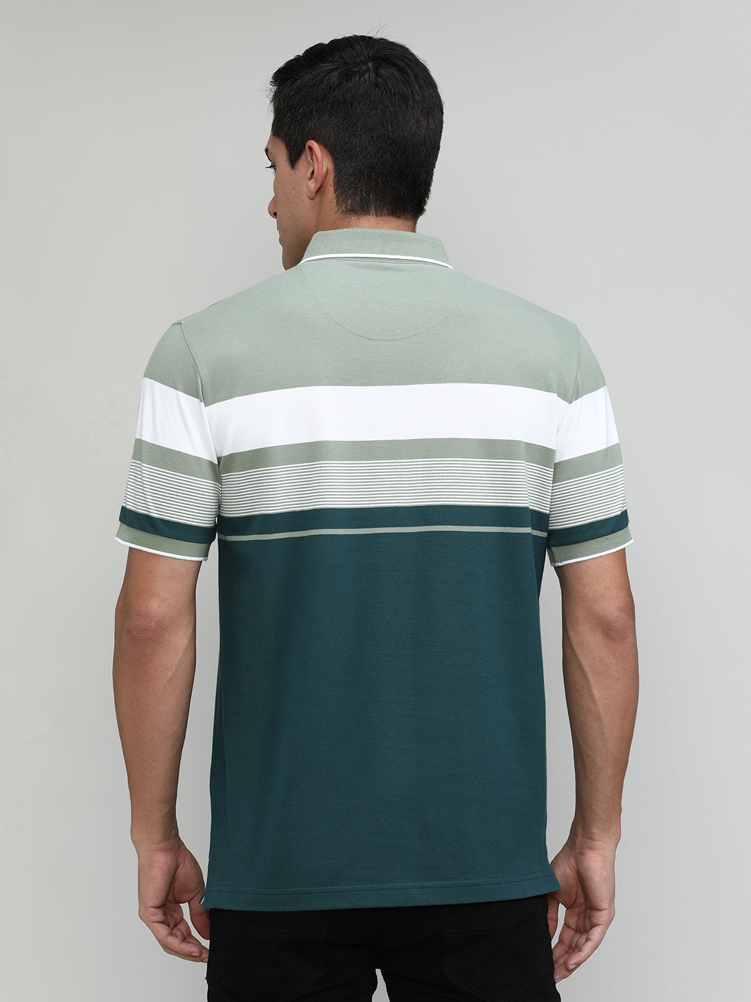 Olive Pique Cotton Lycra Stripes Polo T-shirt