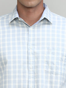 Heather Grey Slim Fit Premuim Cotton Checks Shirt With Bone Collar & Pocket