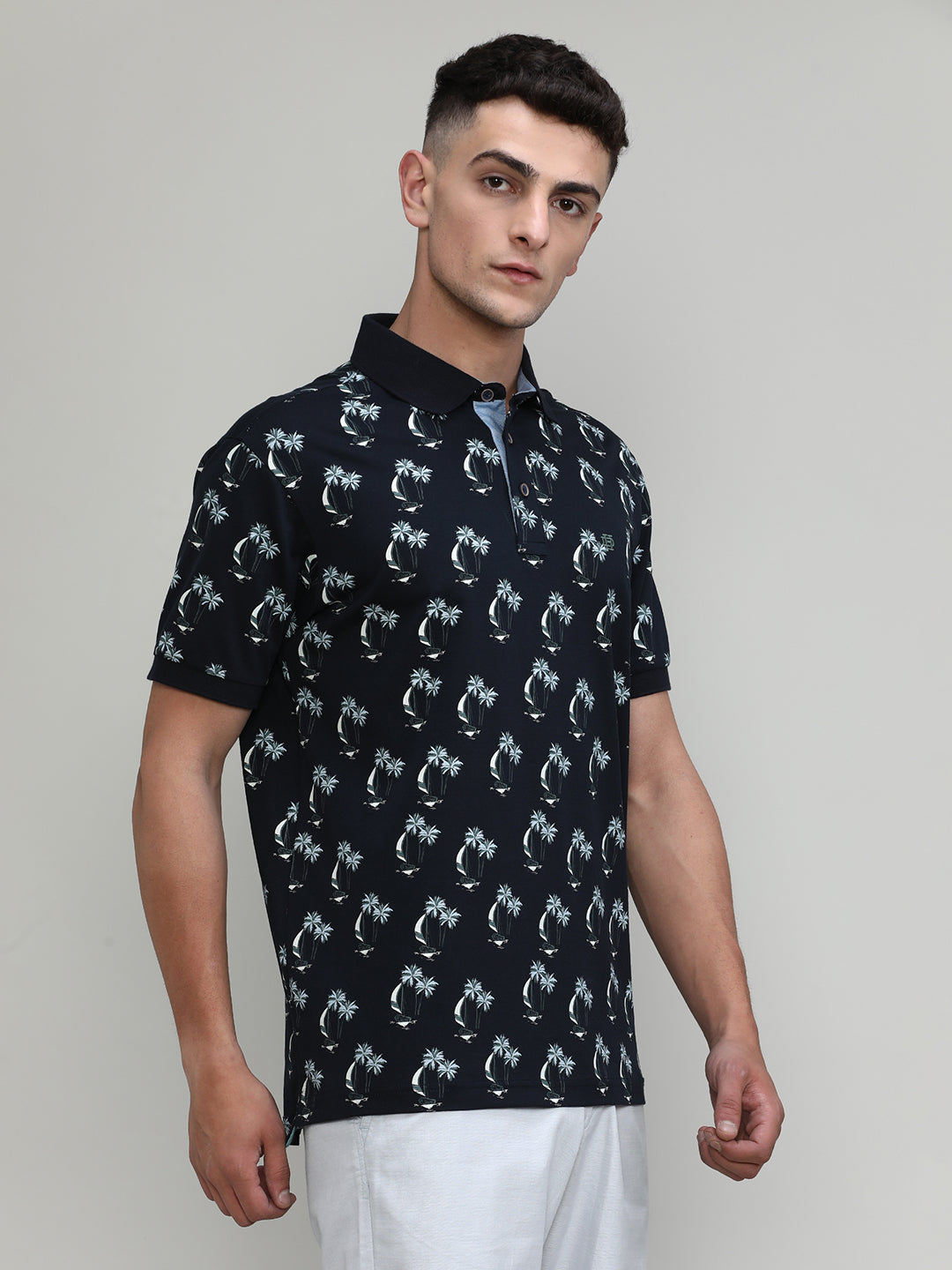 Navy Jersey Cotton Lycra Printed Polo T-shirt