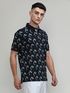 Navy Jersey Cotton Lycra Printed Polo T-shirt