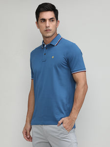 AF Blue Pique Cotton Lycra Solid Polo T-shirt