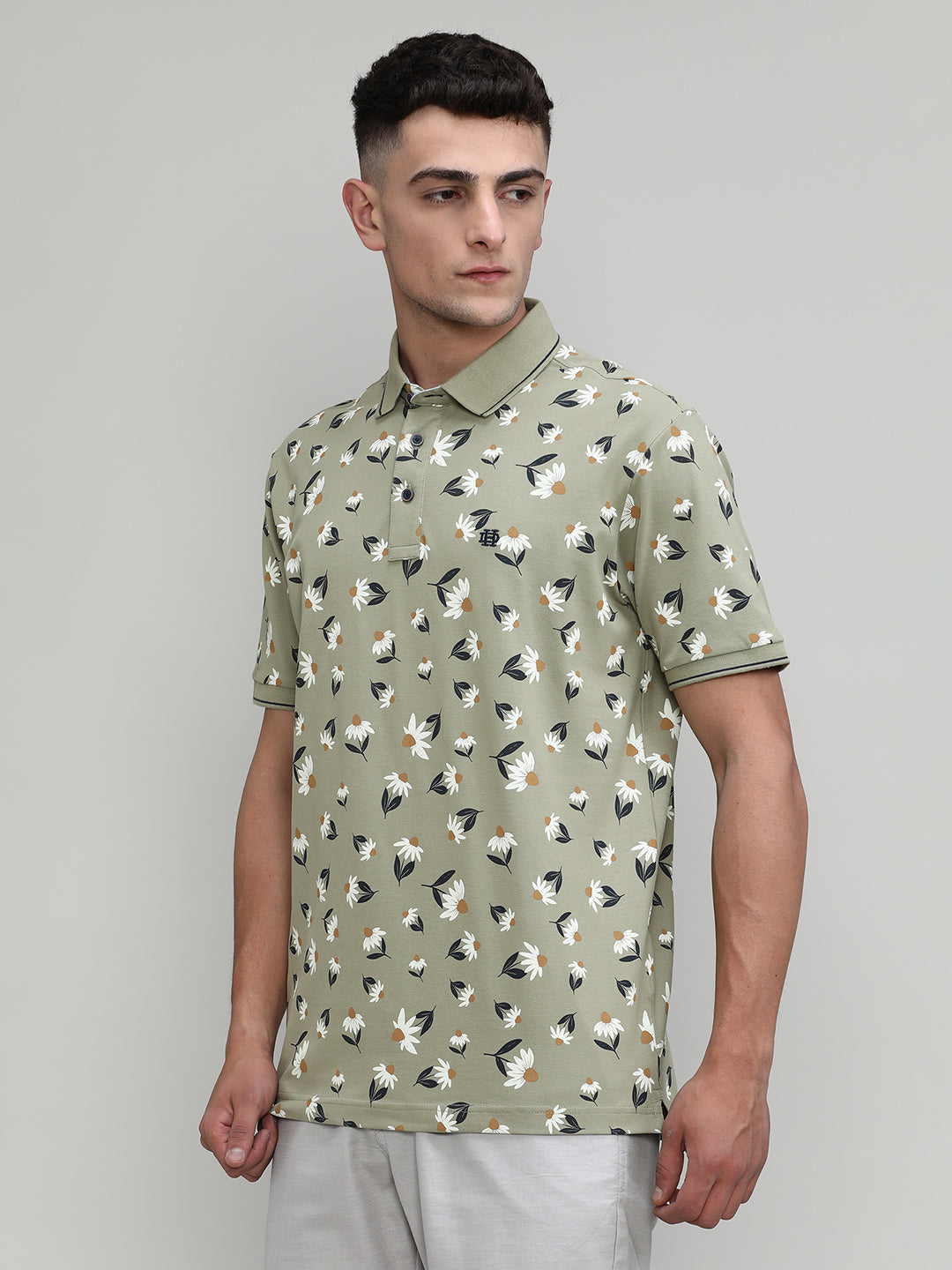 Olive Pique Cotton Lycra Printed Polo T-shirt
