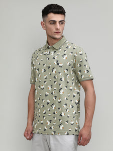 Olive Pique Cotton Lycra Printed Polo T-shirt