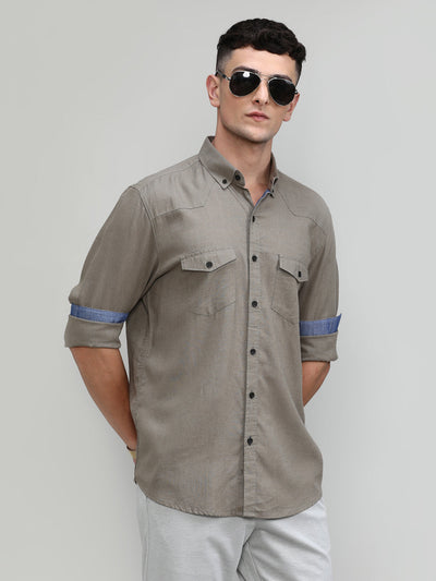 Muddy Shade Slim Fit Premium Cotton Lycra Solid Shirt With Pocket