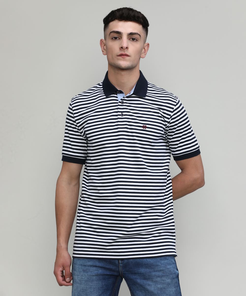 Deep Navy Jersey Cotton Lycra Stripes Polo T-shirt