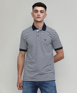 Deep Navy Jersey Cotton Lycra Stripes Polo T-shirt
