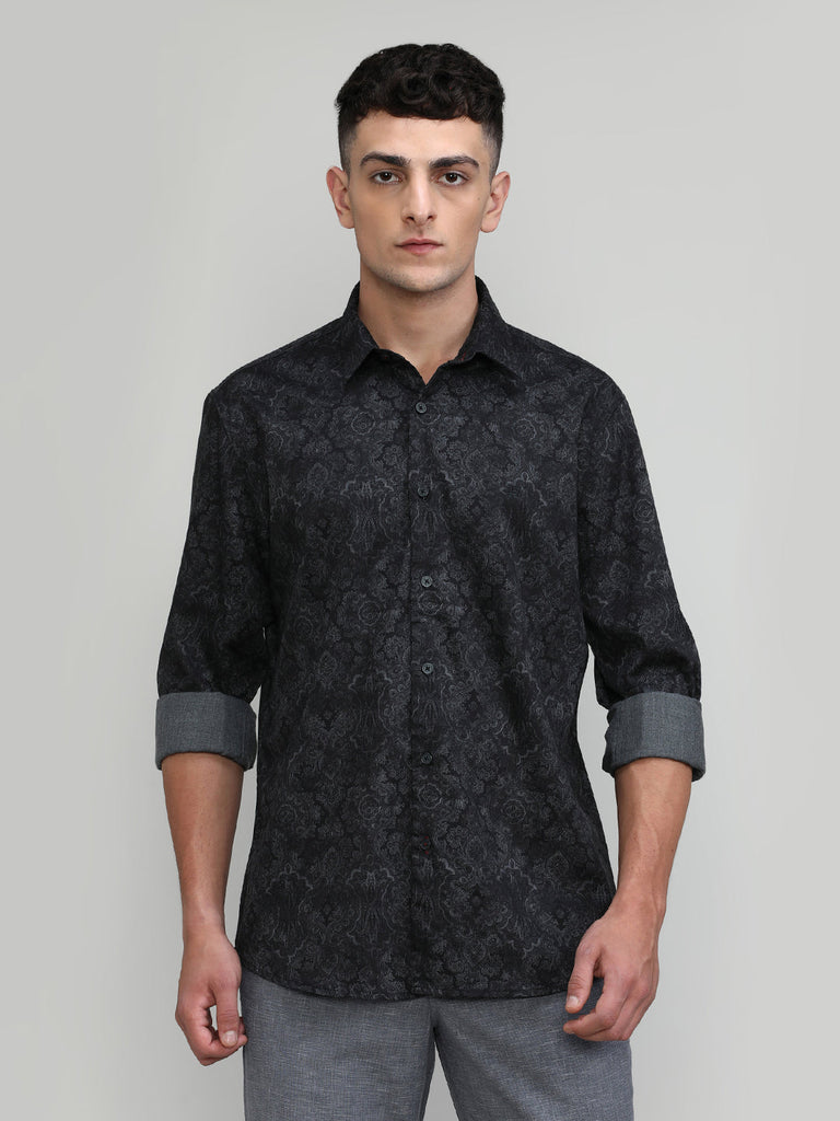 Black Slim Fit Premium Cotton Printed Shirt