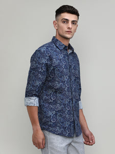 Exclusive Purple Collection Royal Blue Slim Fit Printed Premium Cotton Linen Shirt