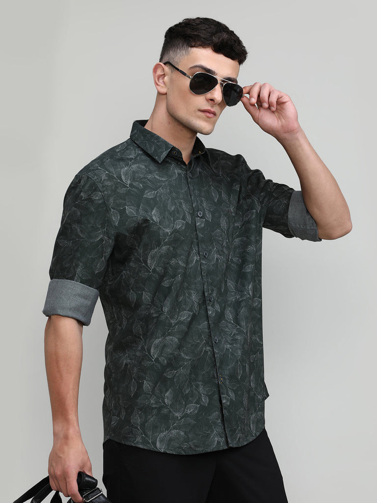 Bottle Green Slim Fit Premium Cotton Printed Shirt