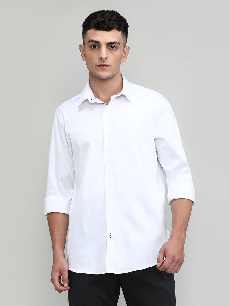 White Slim Fit Premium Satin Cotton Lycra Solid Shirt
