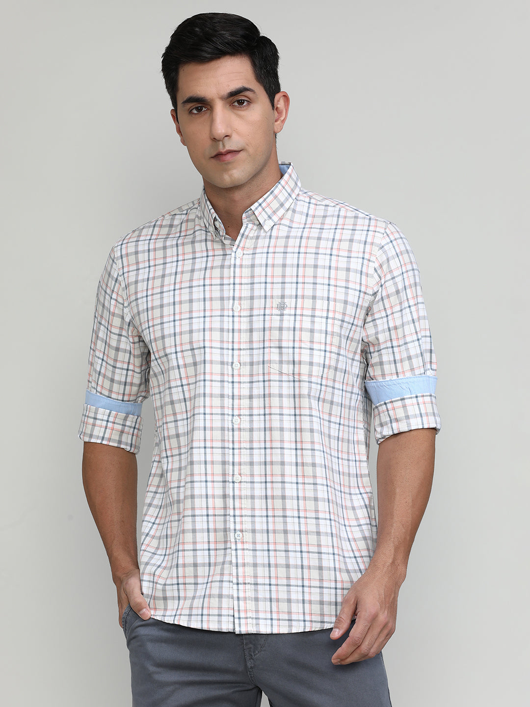 Peach Slim Fit Premuim Cotton Checks Shirt With Bone Collar & Pocket