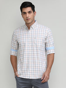 Peach Slim Fit Premuim Cotton Checks Shirt With Bone Collar & Pocket
