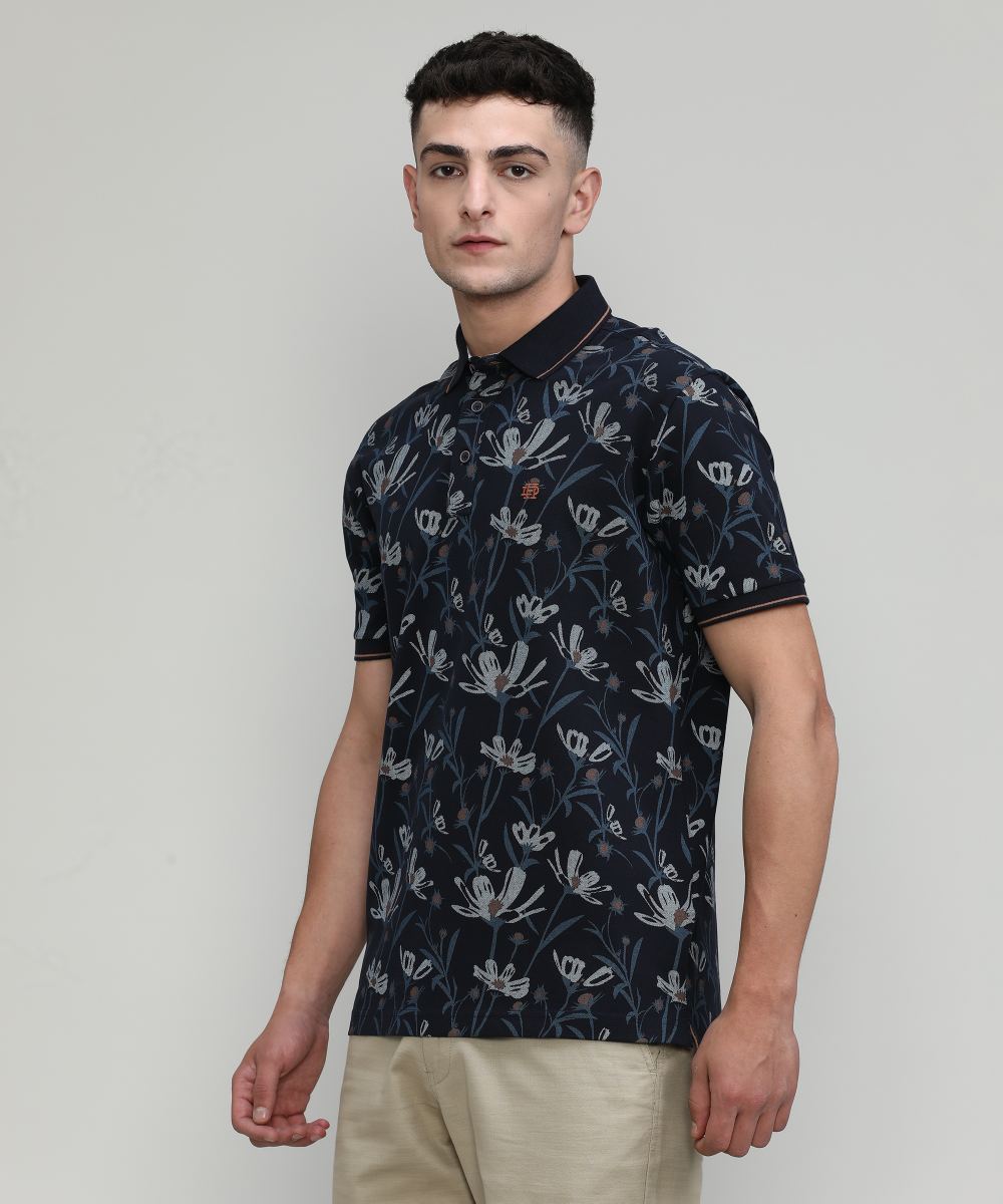 Navy Pique Cotton Lycra Printed Polo T-shirt
