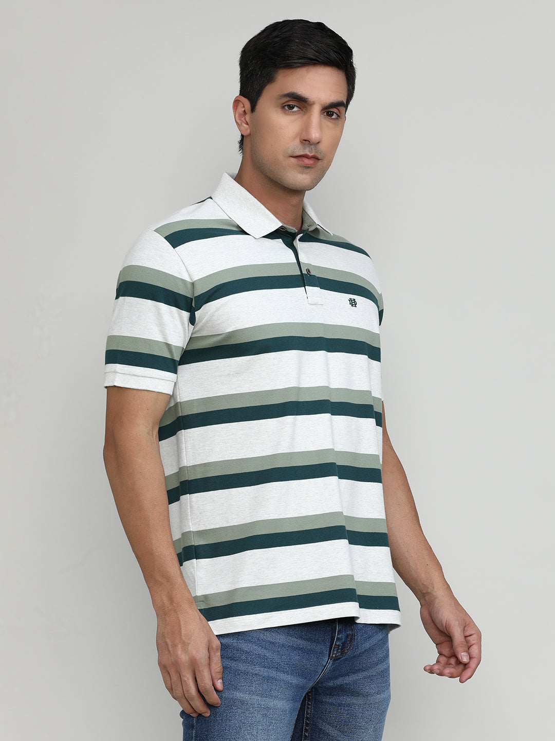 Forest Pique Cotton Lycra Stripes Polo T-shirt