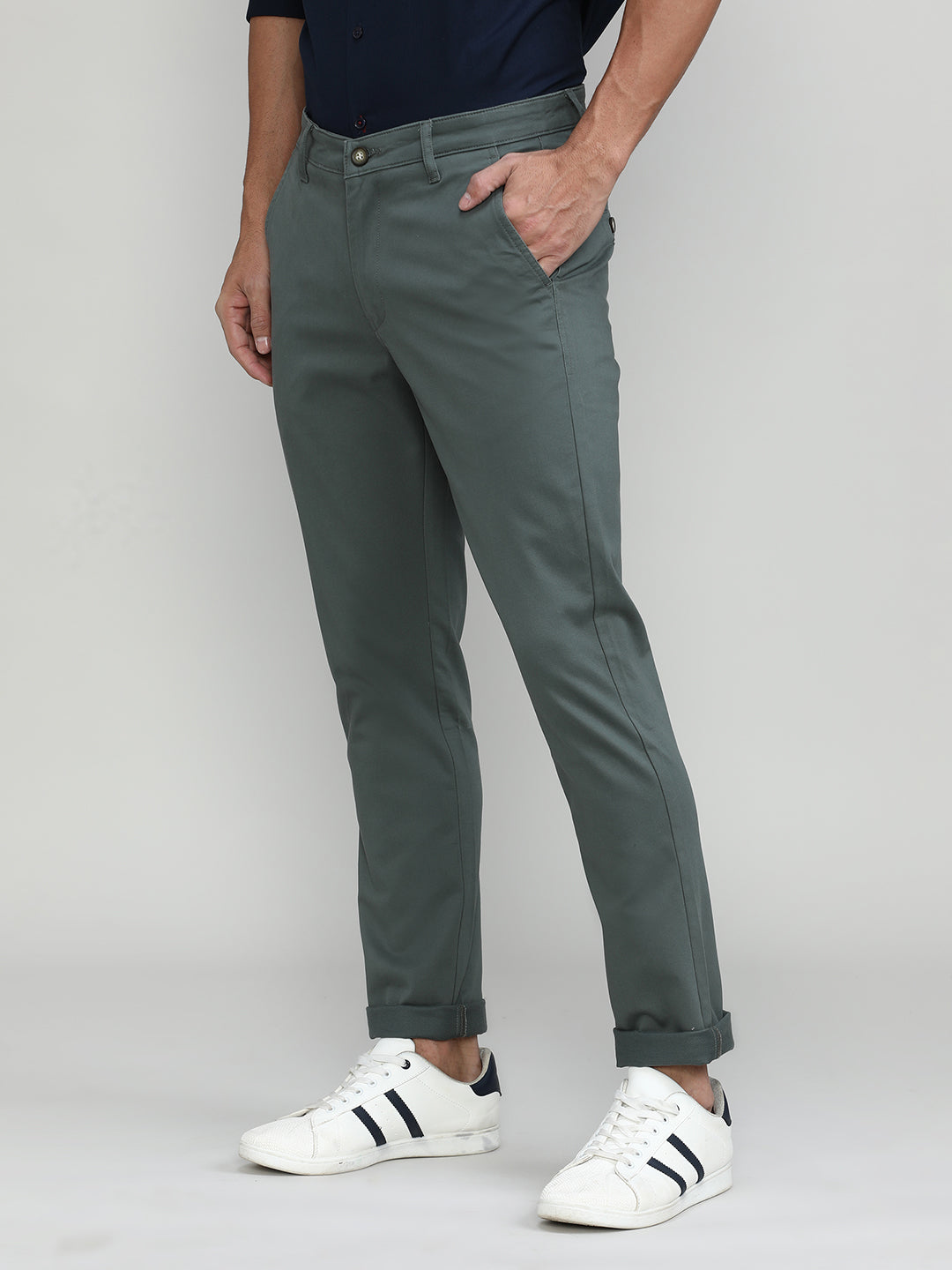 Lake Green Cotton Trousers Slim Tapered Fit