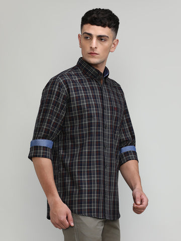Navy Slim Fit Premuim Cotton Checks Shirt With Regular Pocket