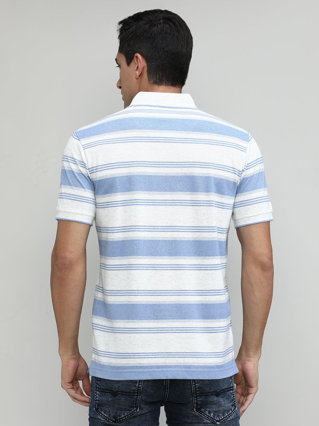 Summer Sky Pique Cotton Lycra Stripes Polo T-shirt