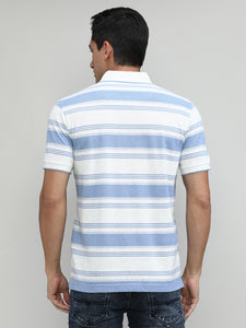 Summer Sky Pique Cotton Lycra Stripes Polo T-shirt