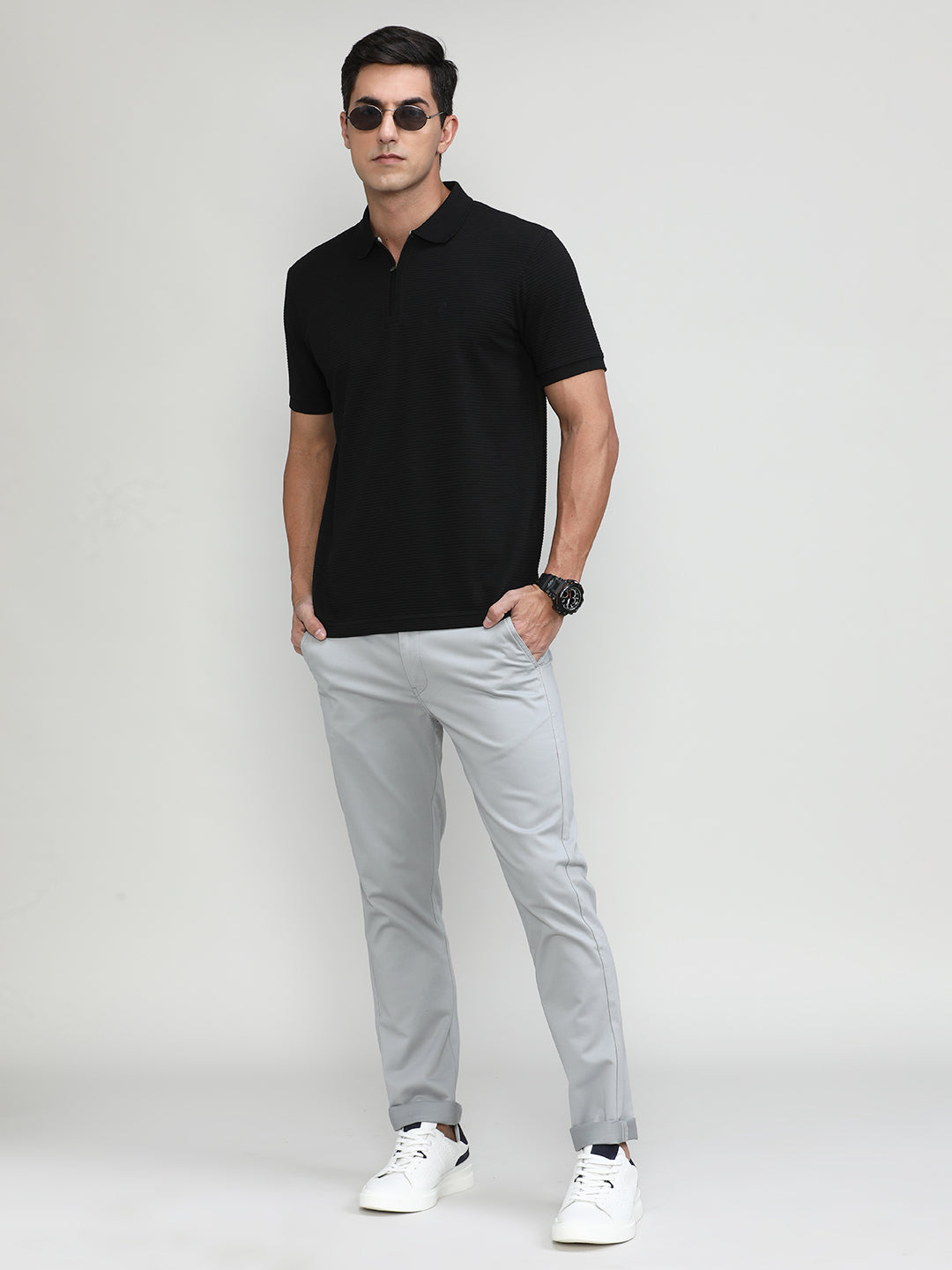 Navy Popcorn Weave Cotton Lycra Solid Polo T-shirt