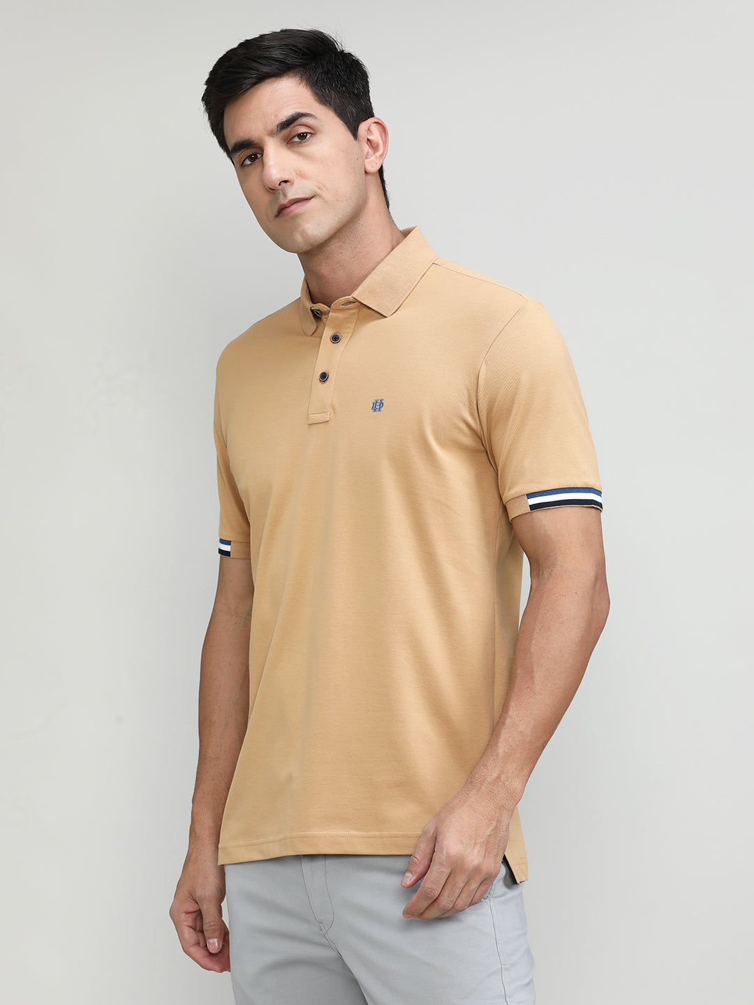 Khaki Pique Cotton Lycra Solid Polo T-shirt