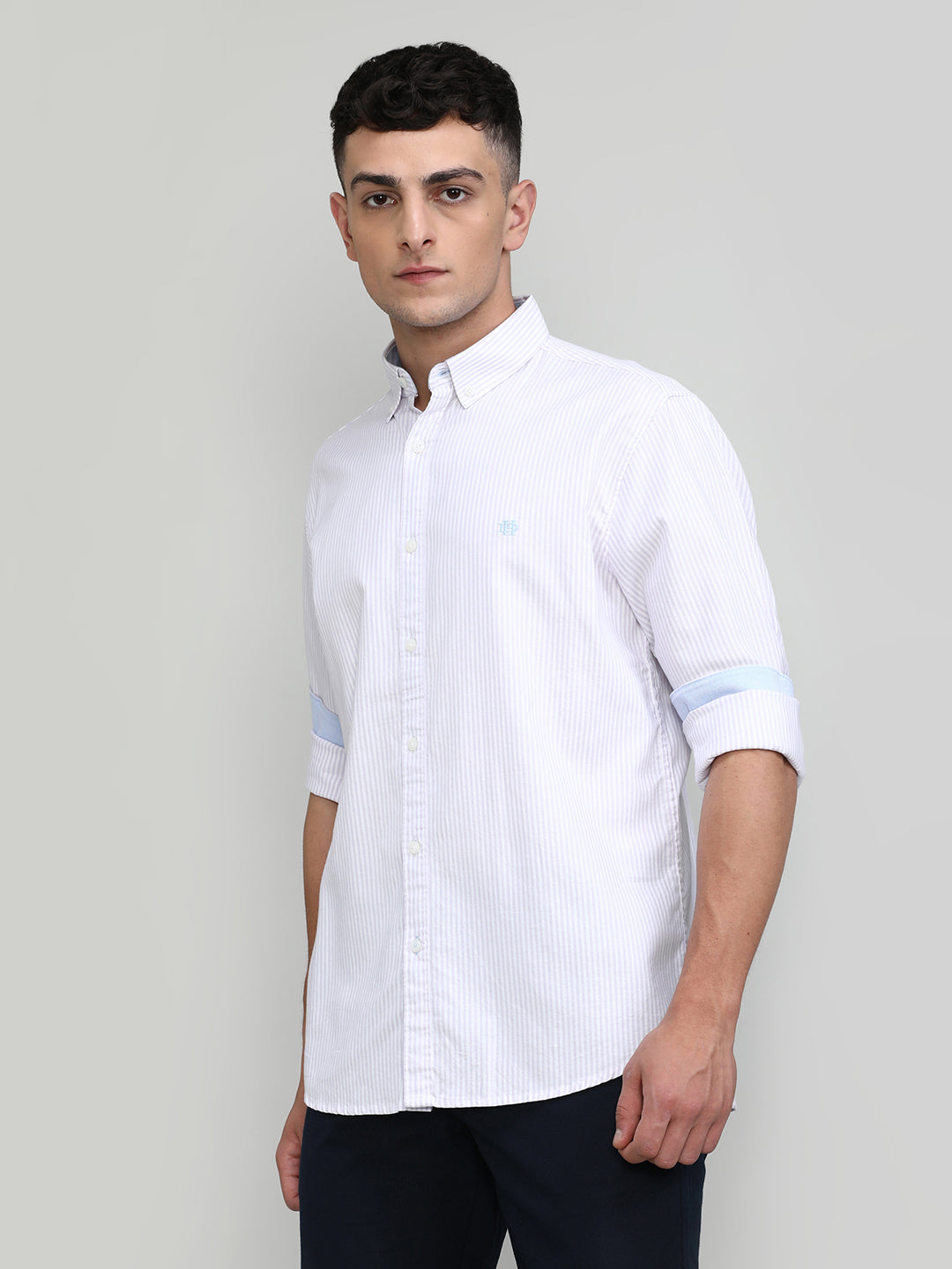 Lilac Slim Fit Premuim Cotton Stripes Shirt With Button Down Collar