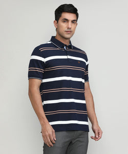 Deep Navy Pique Cotton Lycra Stripes Polo T-shirt